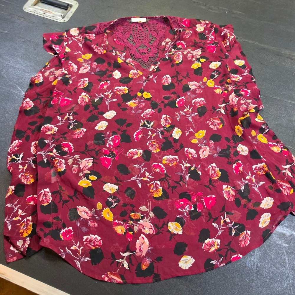 Meadow Rue Anthropologie Floral Lace V-Neck Blouse Burgundy XL
